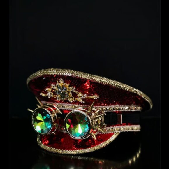 RED Sequin Rave Party Cosplay Captain Hat Military Burning Man OS - Picture 1 of 2